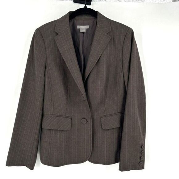 Ann Taylor Women's Wool‎ Striped Single Breasted Two-Button Blazer Gray Size 10P - Picture 1 of 11
